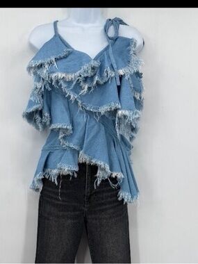 Marques’Almeida Luxury Frayed Ruffle Denim Top Light Blue Designer Boho L NWT